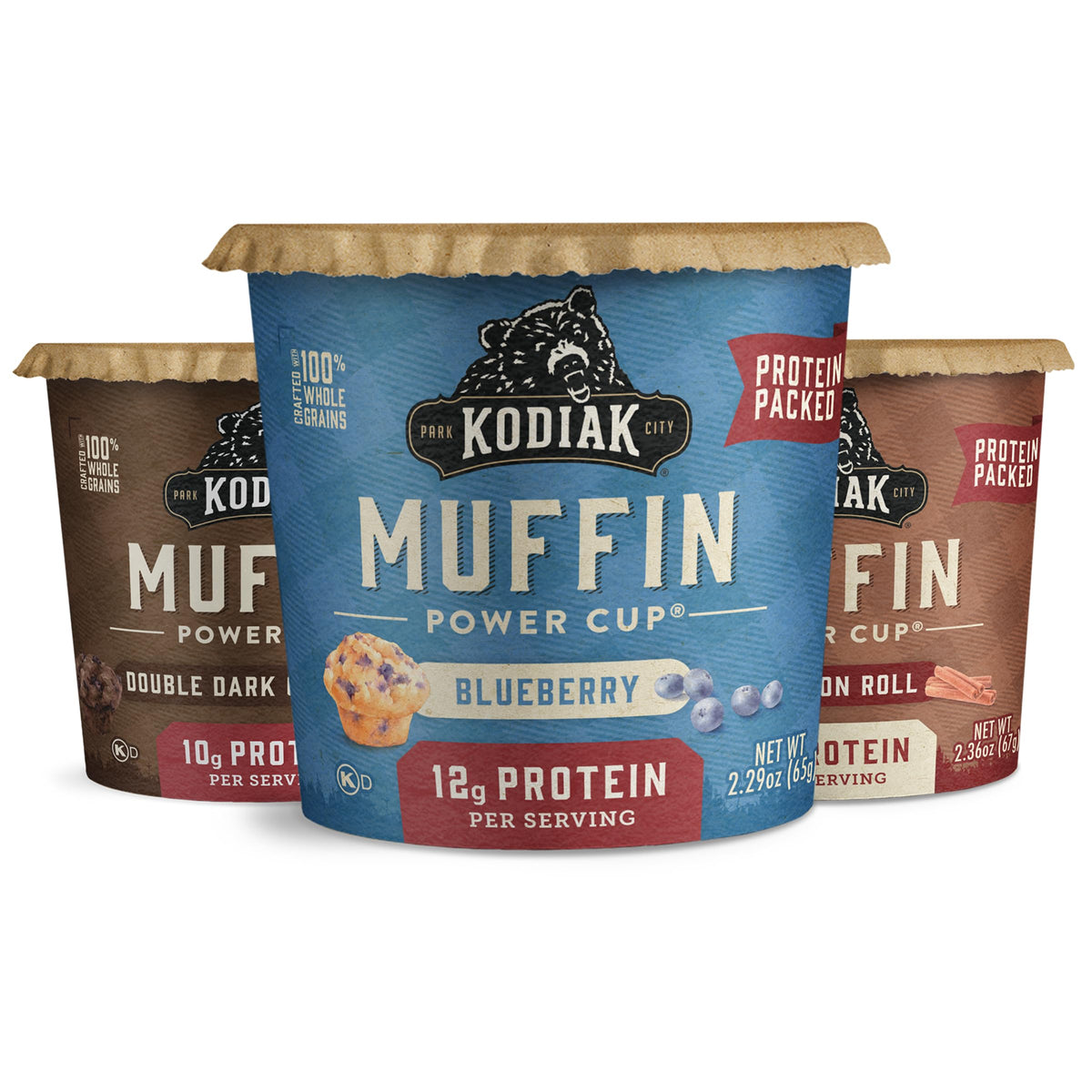 Kodiak Cakes Minute Muffin Cups packaging showing a 12-pack, convenient pantry option.