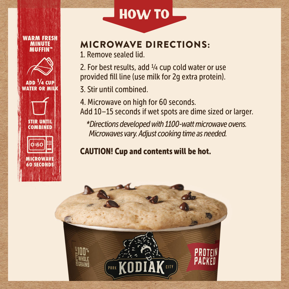 Kodiak Cakes Minute Muffins Chocolate Chip product shot—handheld for scale and convenience