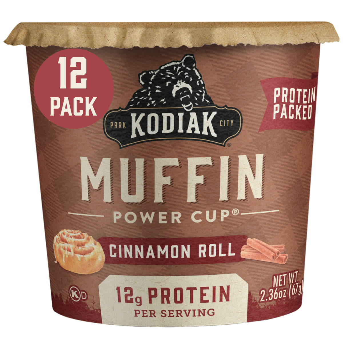 Kodiak Cakes Minute Muffins Cinnamon Roll 12-pack display for easy on-the-go snacking