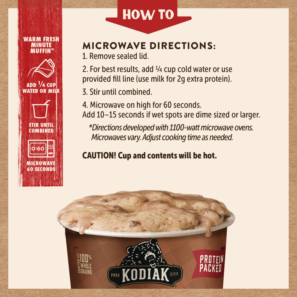 Nutritional panel glimpse of 12 g protein per muffin in Kodiak Cakes Minute Muffins Cinnamon Roll