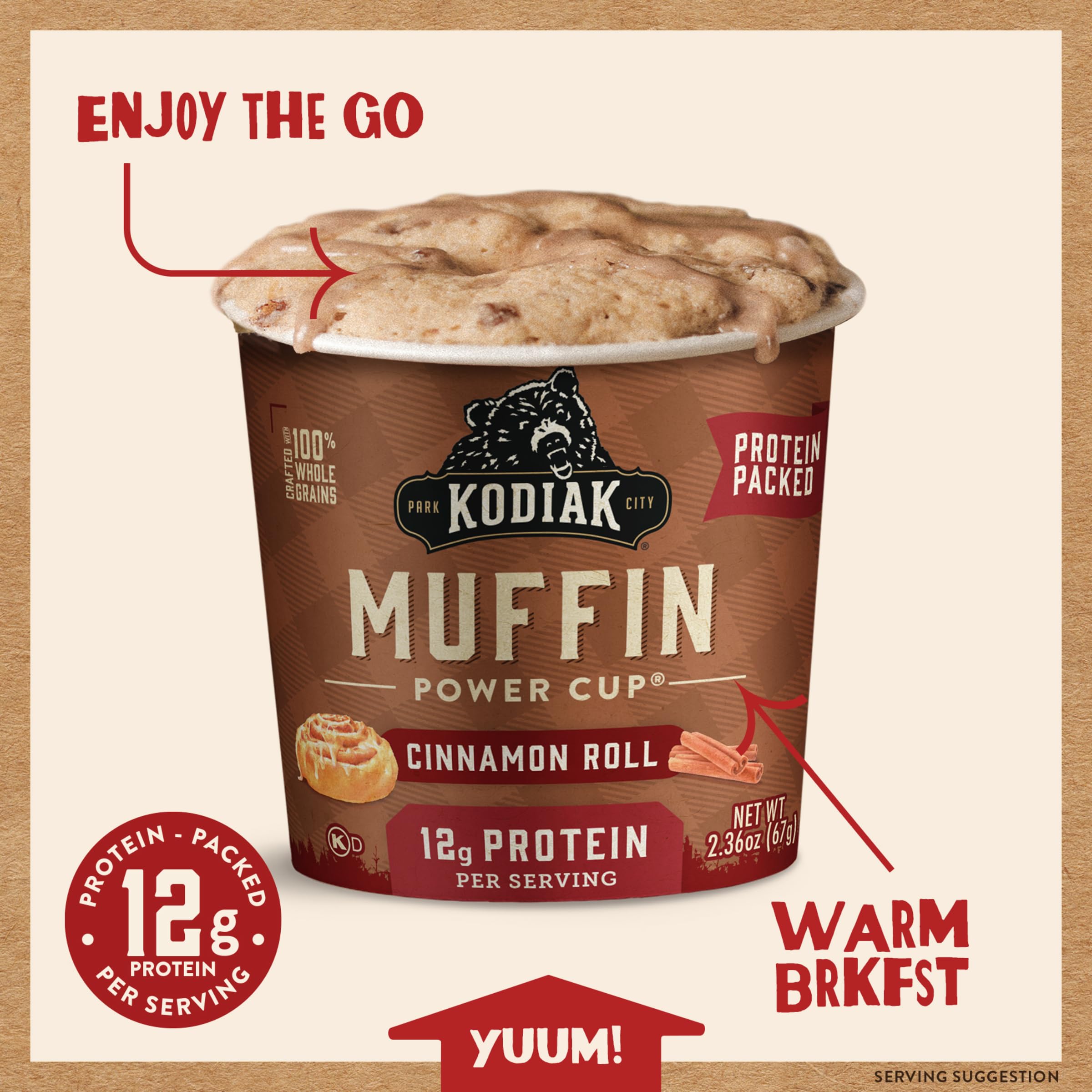 Serving idea with muffin, cup of coffee featuring Kodiak Cakes Cinnamon Roll