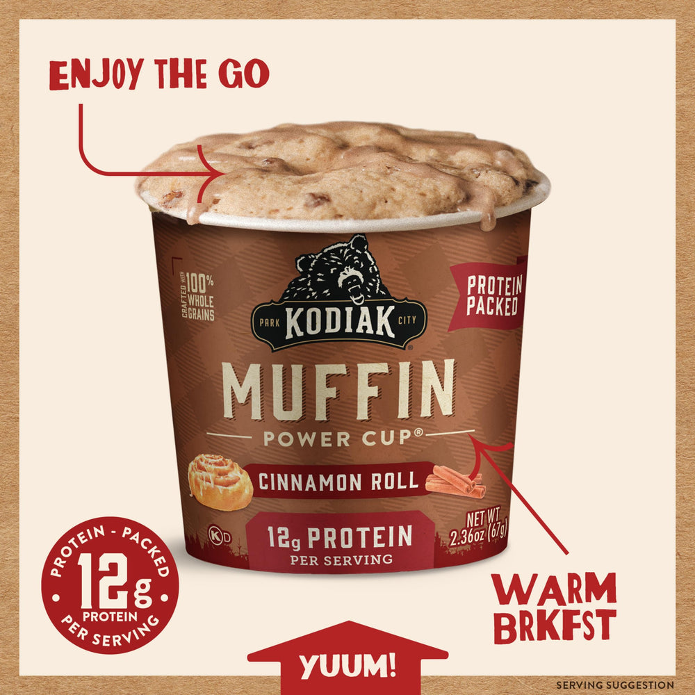 Serving idea with muffin, cup of coffee featuring Kodiak Cakes Cinnamon Roll