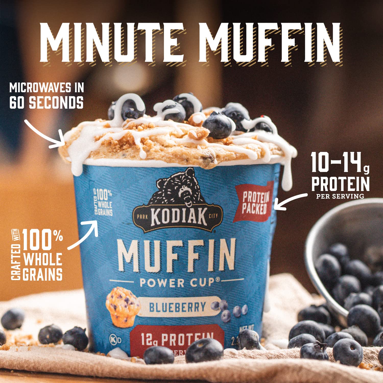 Kodiak Cakes Minute Muffins Mountain Blueberry close-up showing fluffy texture and real fruit.