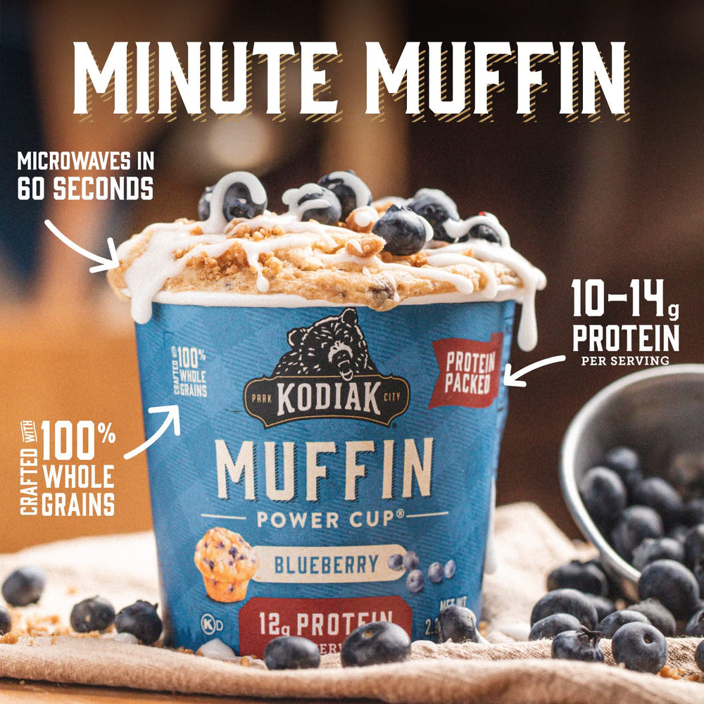 Kodiak Cakes Minute Muffins Mountain Blueberry close-up showing fluffy texture and real fruit.