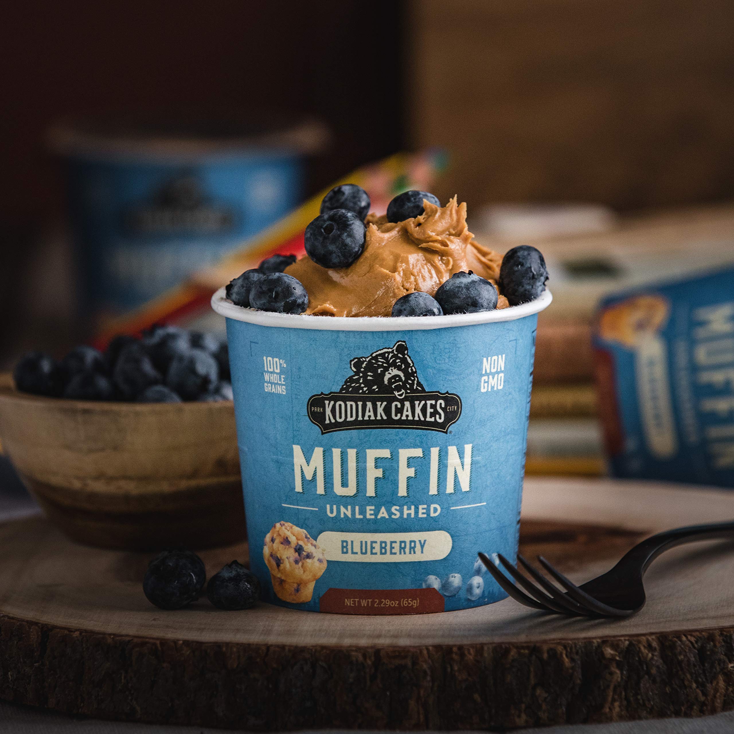 Close-up of a moist Mountain Blueberry muffin from Kodiak Cakes.