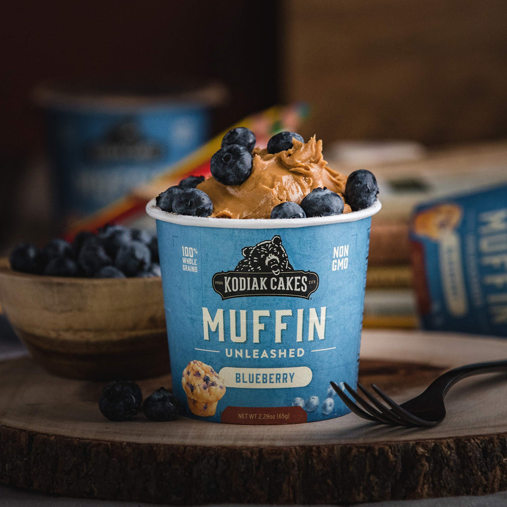 Close-up of a moist Mountain Blueberry muffin from Kodiak Cakes.