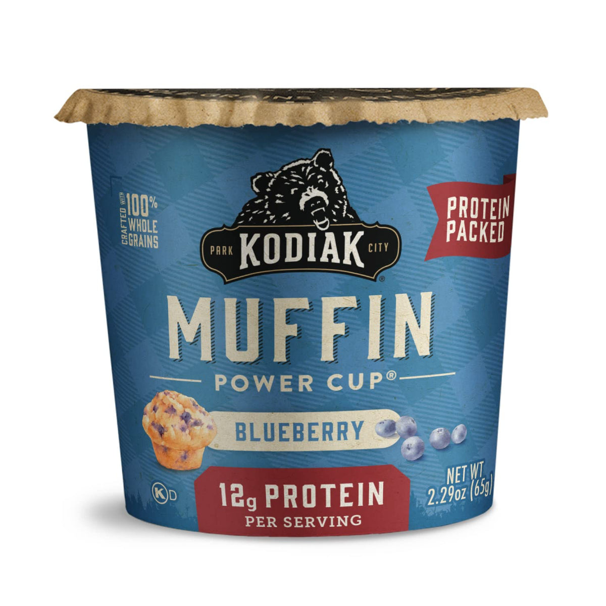 Kodiak Cakes Minute Muffins Mountain Blueberry pack on shelf, quick breakfast.