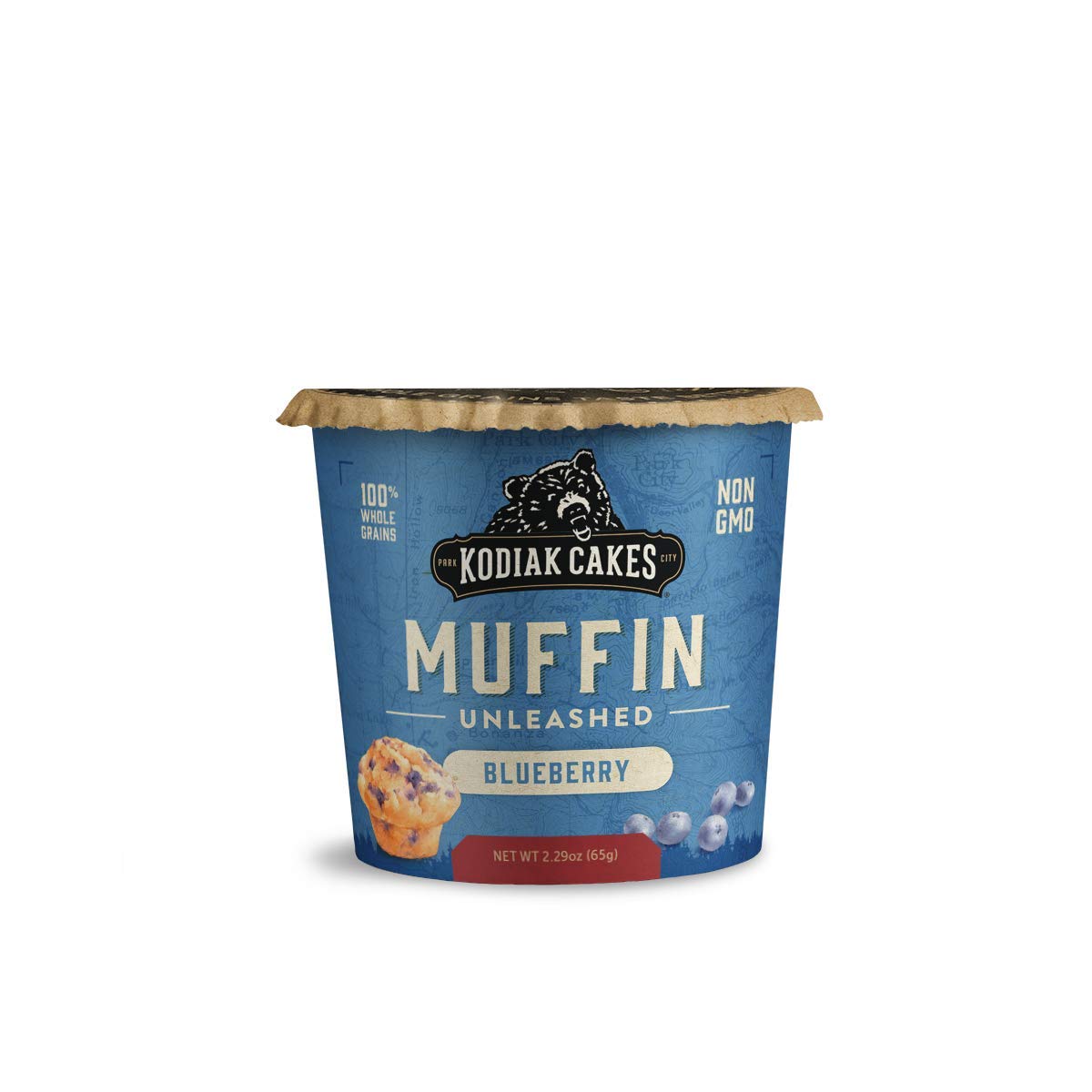 Kodiak Cakes Minute Muffins Mountain Blueberry packaging front highlighting whole grains.