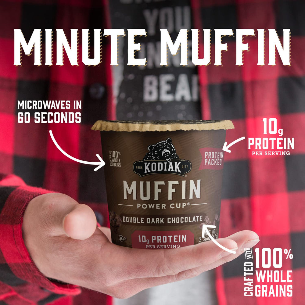 Kodiak Cakes Minute Muffins pour water step showing easy prep and protein boost.