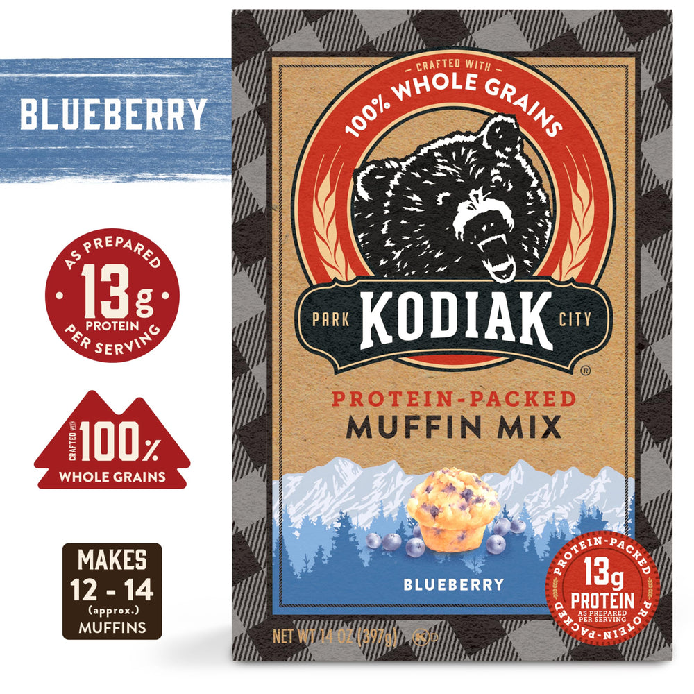 Kodiak Cakes muffin blueberry baked muffins on a plate with coffee