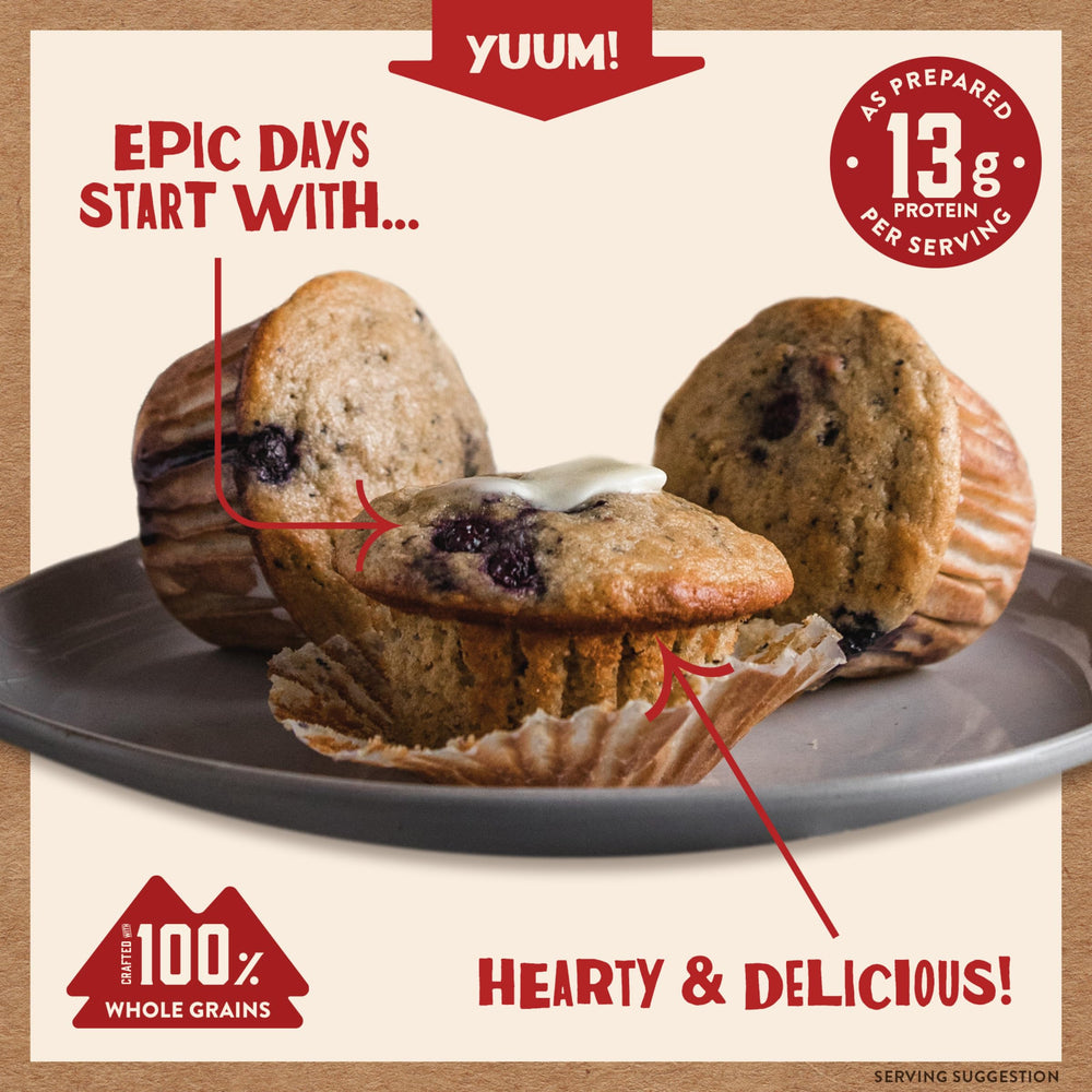 Kodiak Cakes muffin blueberry serving suggestion with morning coffee