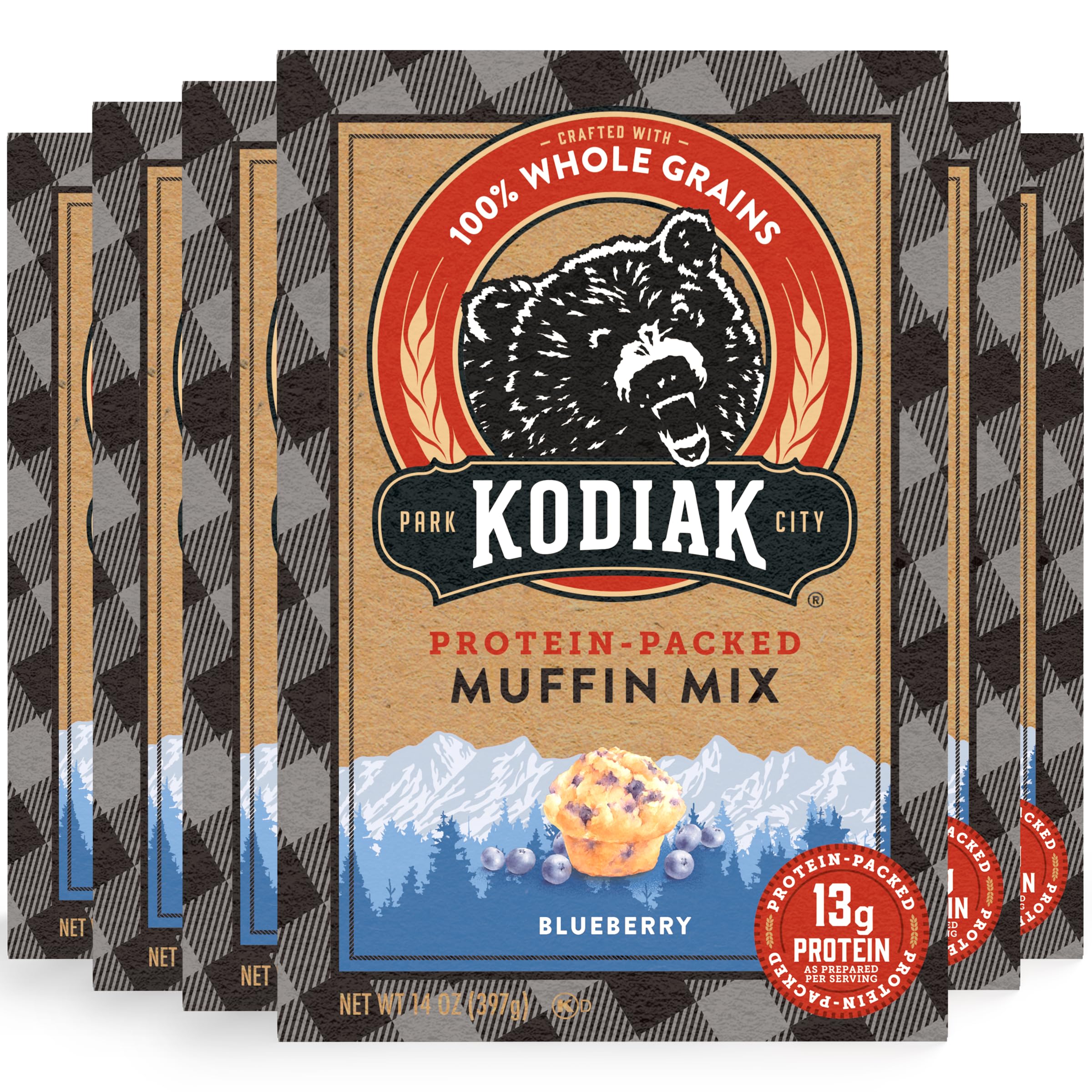 Kodiak Cakes Blueberry Muffin Pack6 label highlighting whole grains and protein benefits