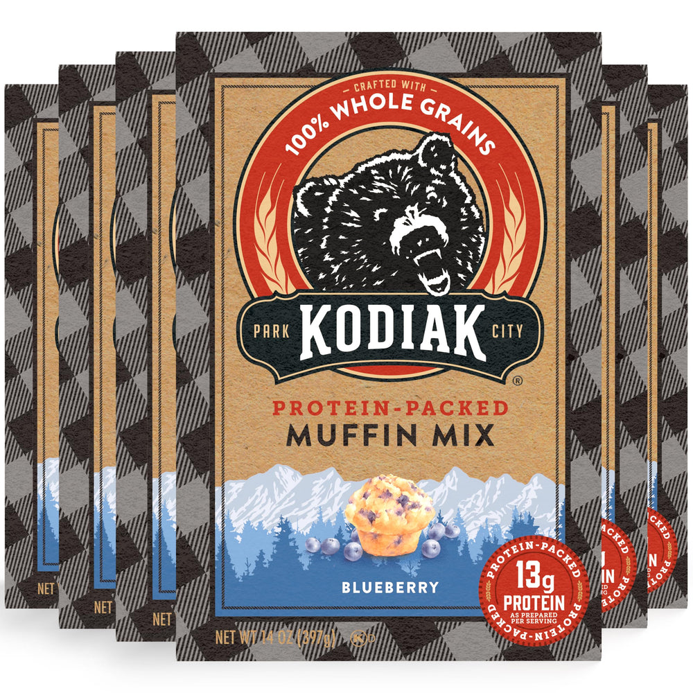 Kodiak Cakes Blueberry Muffin Pack6 label highlighting whole grains and protein benefits