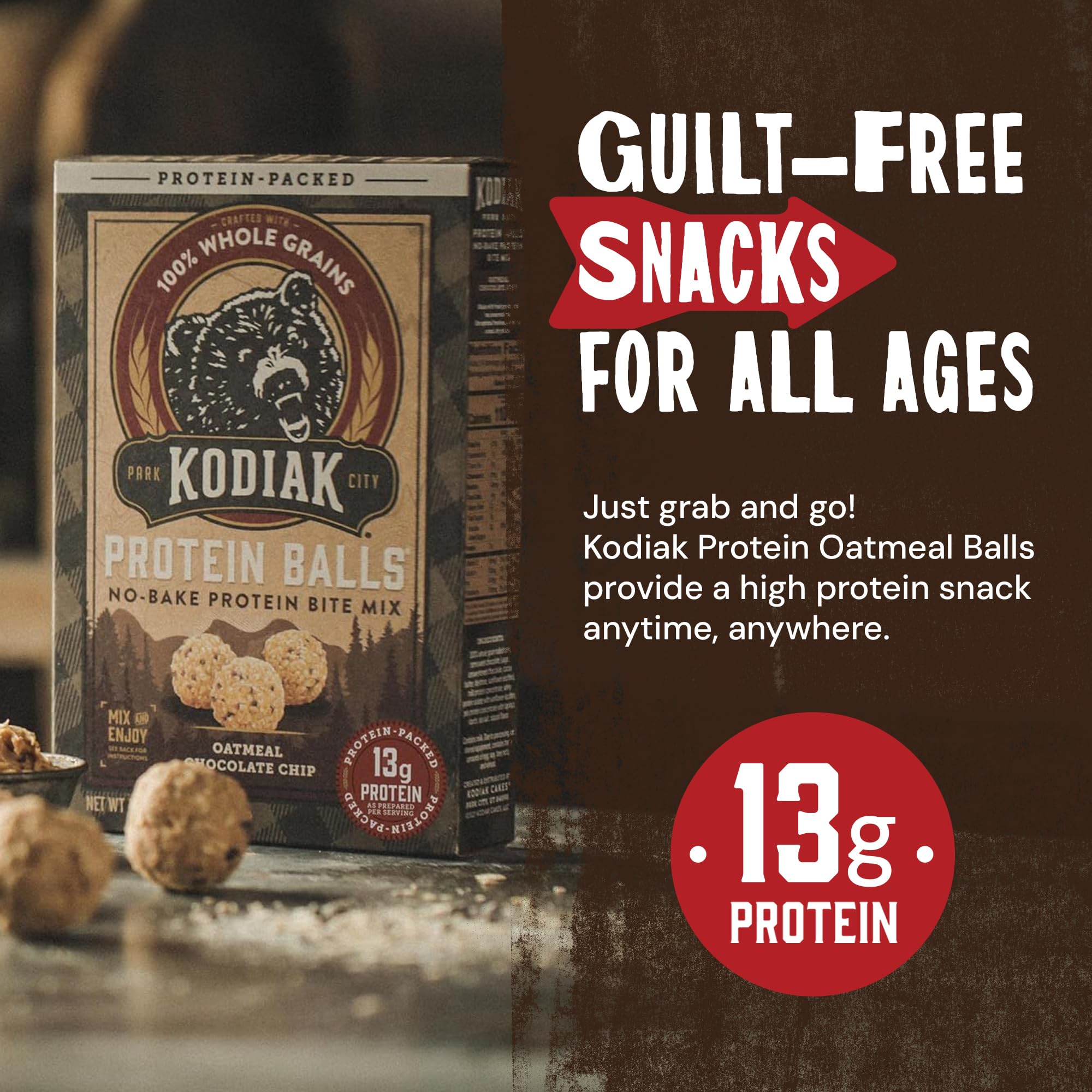 Kodiak Cakes oatmeal protein ball mix chocolate chip dry ingredients spread, emphasizing wholesome grains.