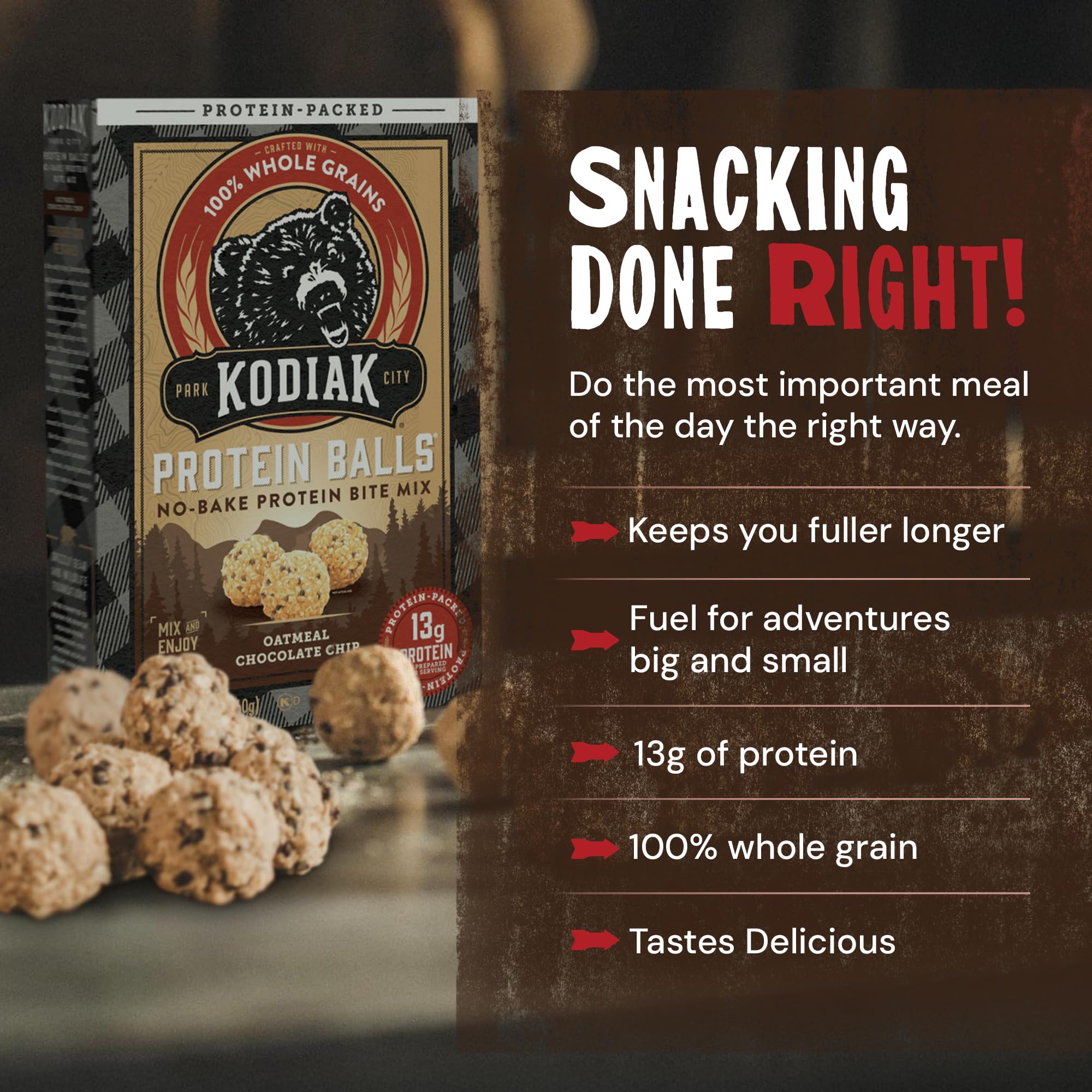 Kodiak Cakes box with spoon and honey, quick prep visual.