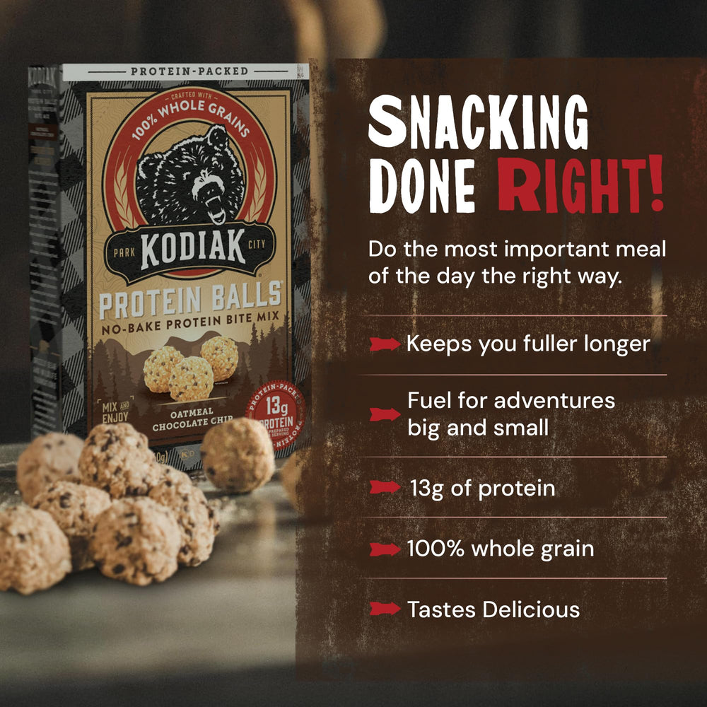 Kodiak Cakes box with spoon and honey, quick prep visual.