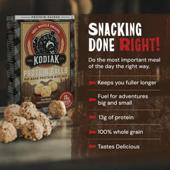 Kodiak Cakes box with spoon and honey, quick prep visual.