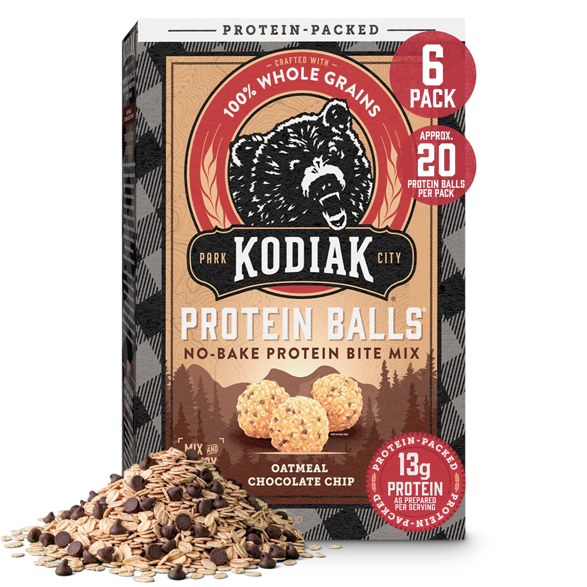 Kodiak Cakes oatmeal protein ball mix chocolate chip front view for quick grab-and-go snacking.