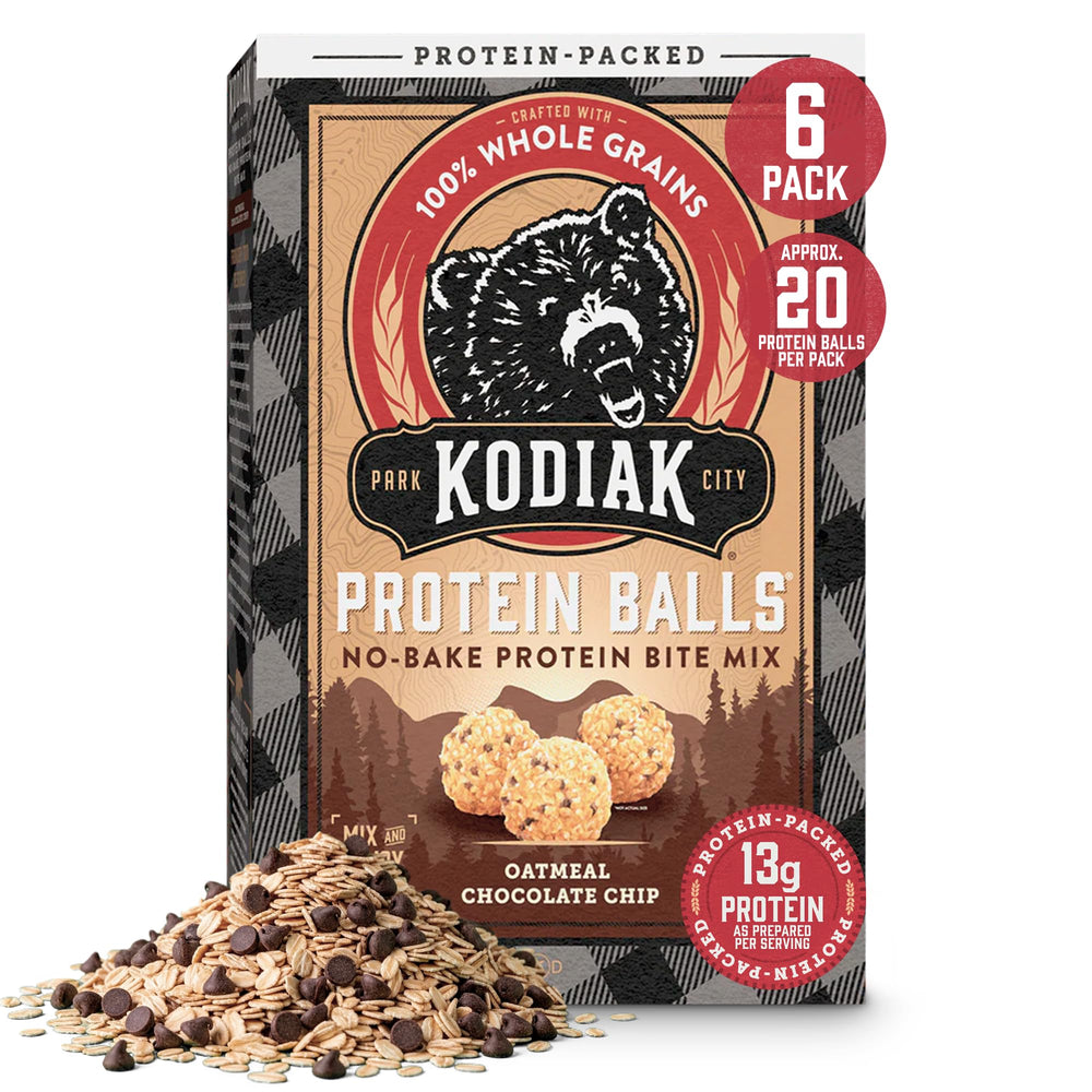 Kodiak Cakes oatmeal protein ball mix chocolate chip front view for quick grab-and-go snacking.
