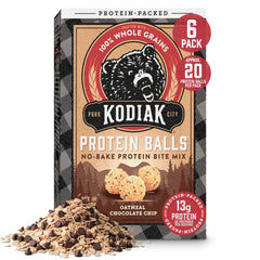 Kodiak Cakes oatmeal protein ball mix chocolate chip front view for quick grab-and-go snacking.