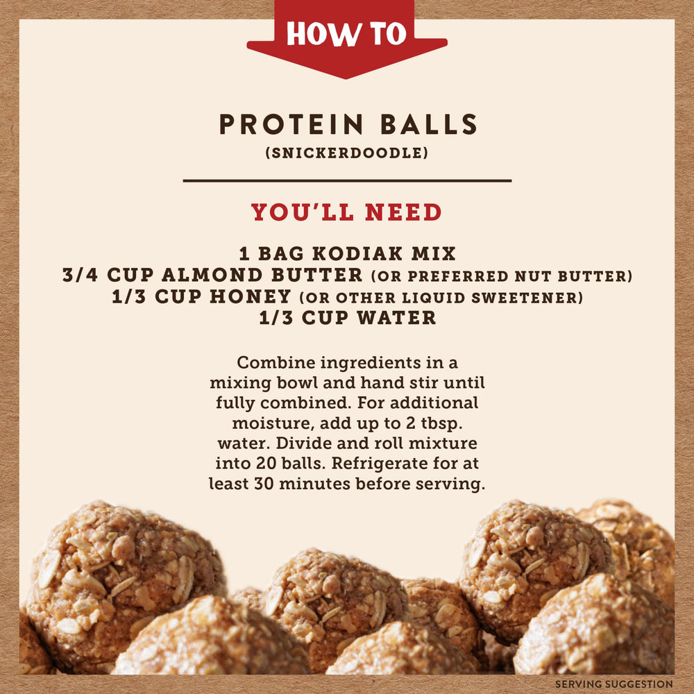 Kodiak Cakes oats, honey and nut butter ingredients scene.