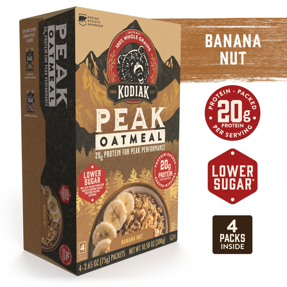 Kodiak Cakes Peak Banana Nut Oatmeal 20g protein claim.