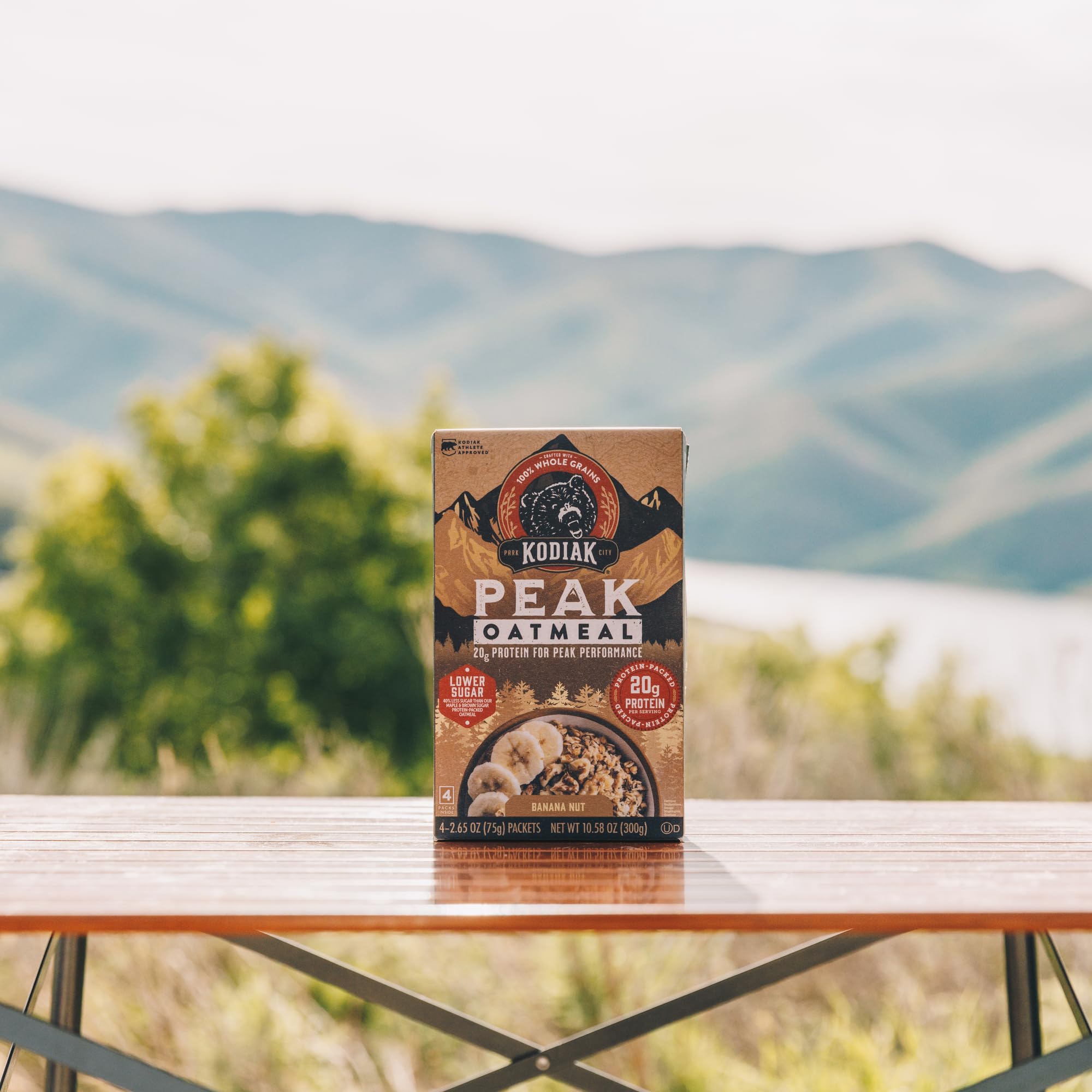 Kodiak Cakes Peak Banana Nut Oatmeal nutrition panel highlights protein.