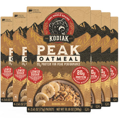 Kodiak Cakes Peak Banana Nut Oatmeal packets on packaging, convenient high-protein breakfast.