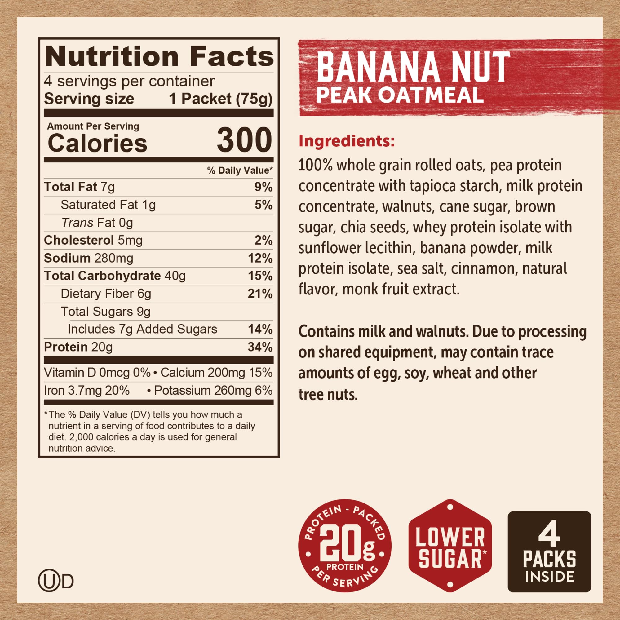 Kodiak Cakes Peak Banana Nut Oatmeal close-up ingredients.