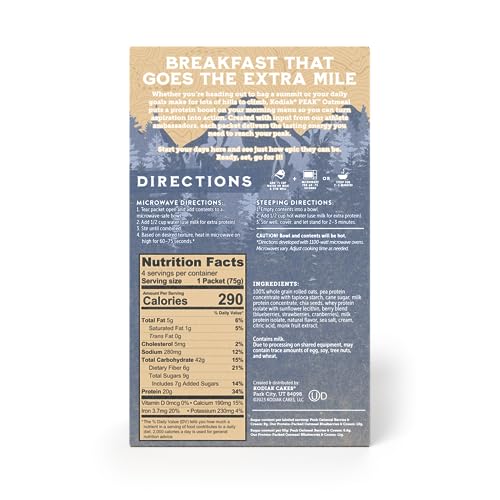 Kodiak Cakes Peak Oatmeal packets show berry flavor and protein benefits.