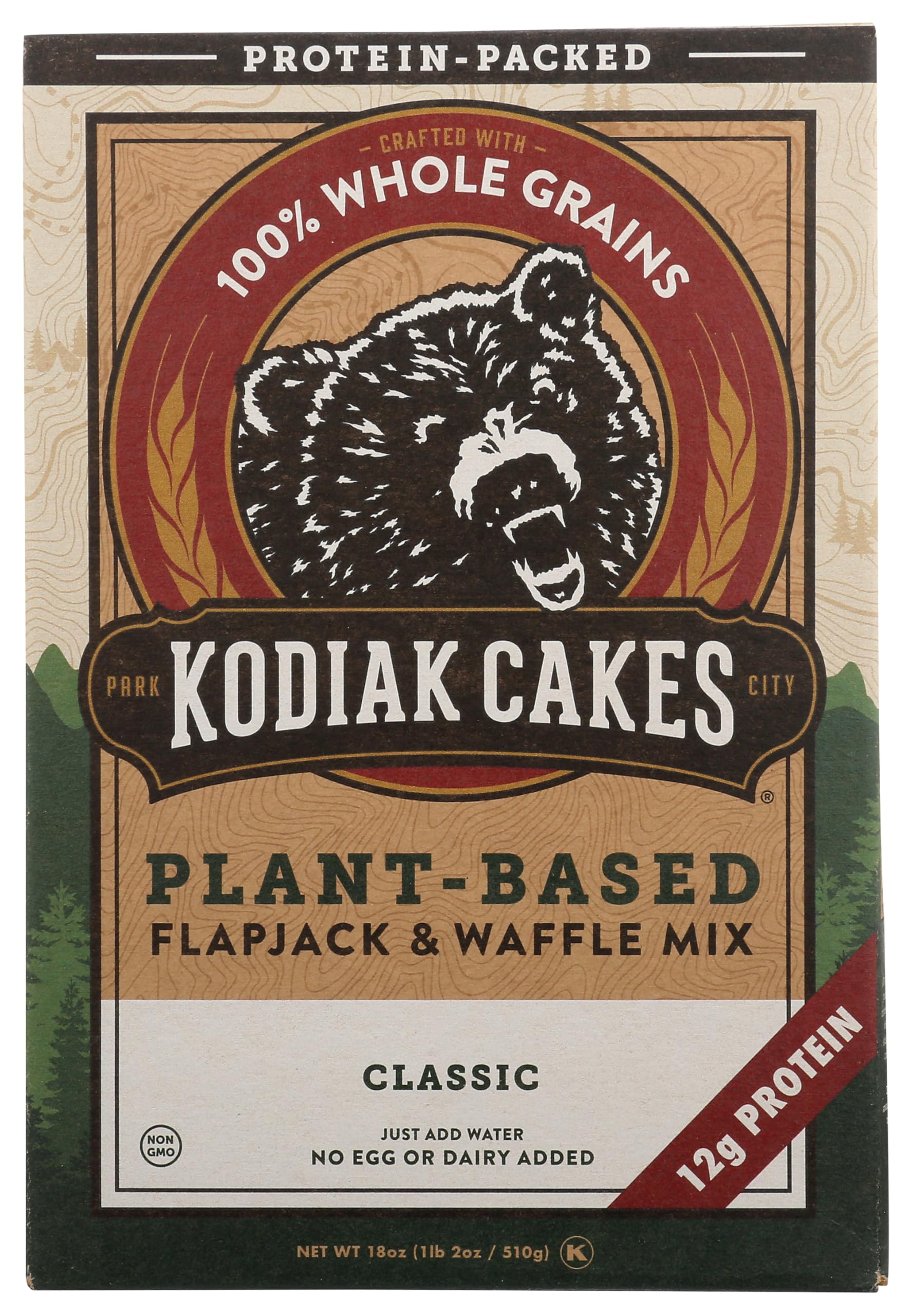 Kodiak Cakes Plant-Based Flapjack Mix box showing fiber-rich whole grains