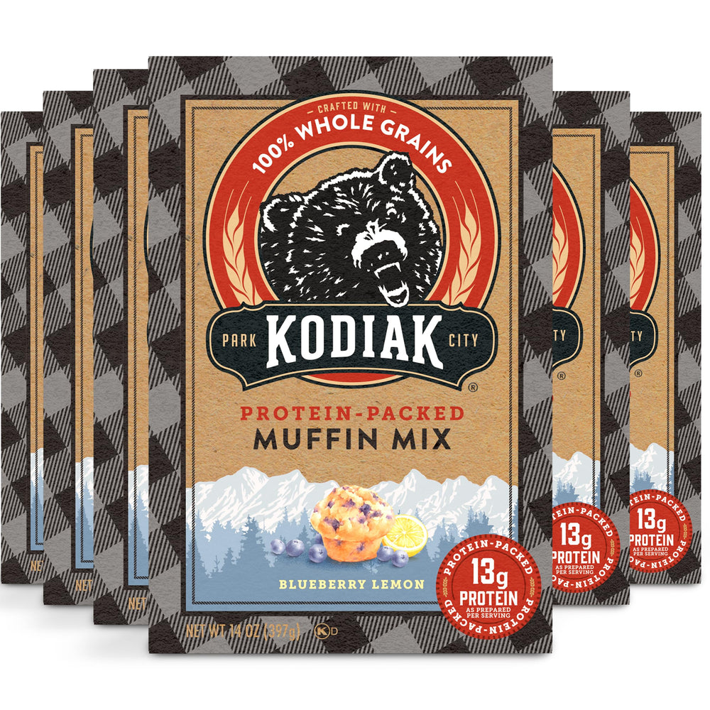 Kodiak Cakes Power Bake blueberry lemon muffin mix pack front, high-protein whole grains