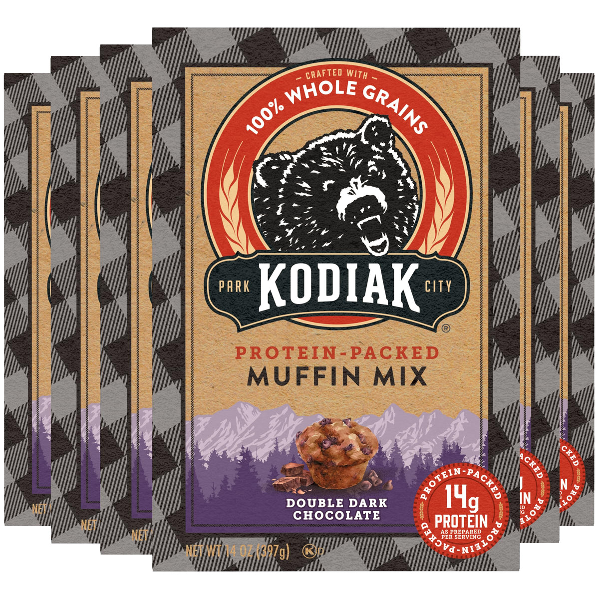 Kodiak Cakes Power Bake muffin mix Double Dark Chocolate pack of six for easy breakfasts.