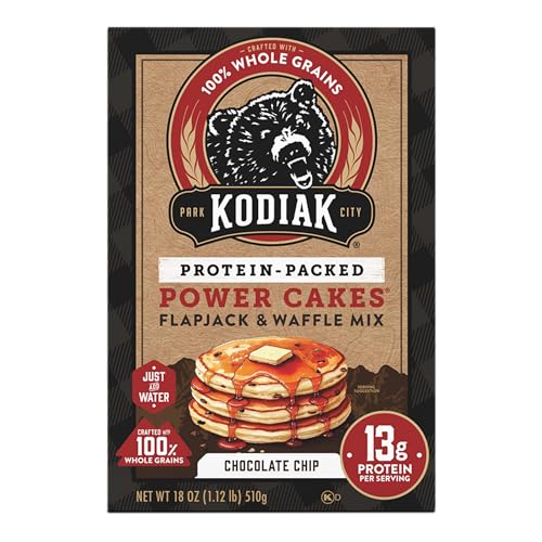 Served Kodiak Cakes chocolate chip pancakes with fruit for a balanced start.