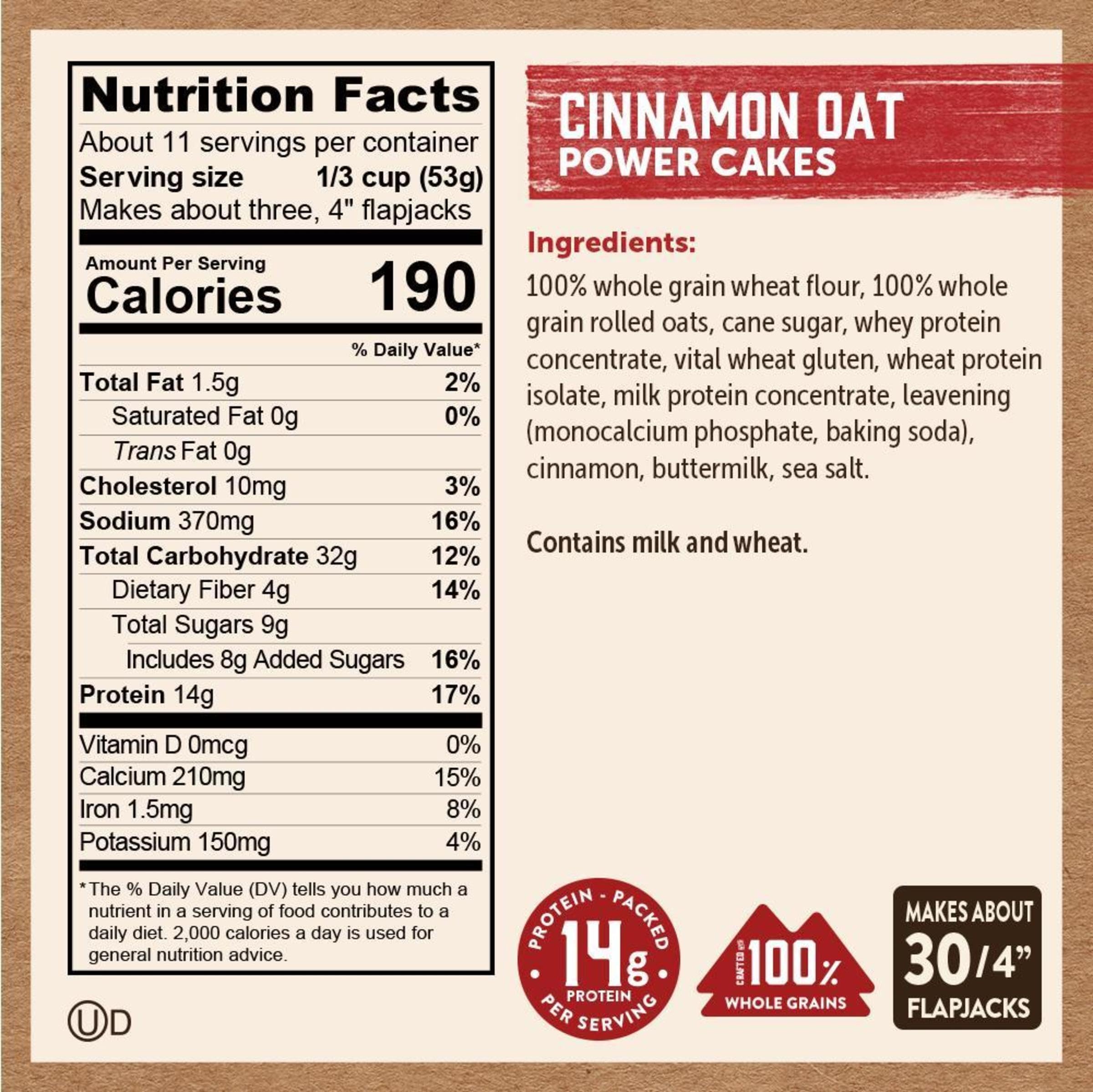 Kodiak Cakes Power Cakes Cinnamon Oat nutrition label showing protein per serving