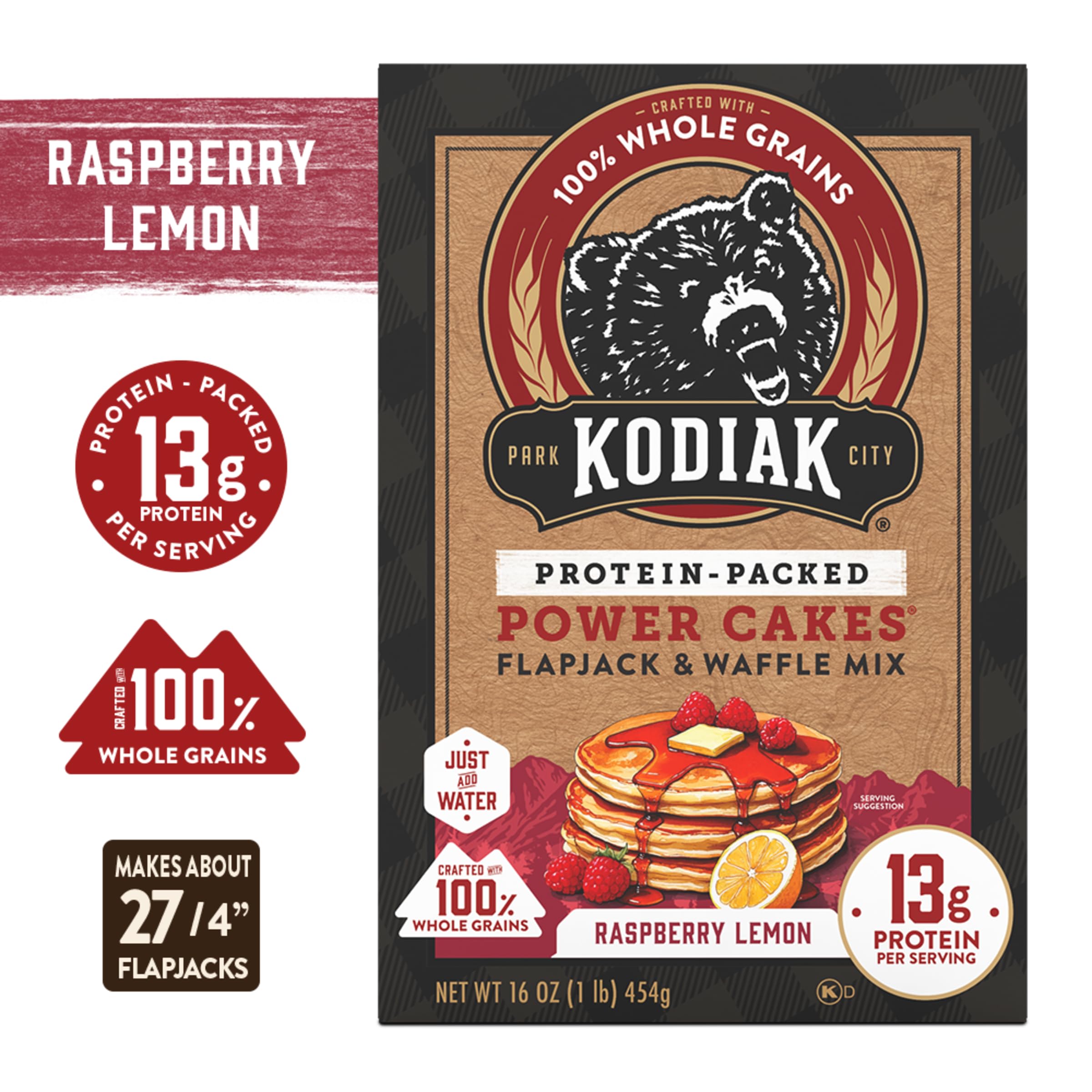 Kodiak Cakes Raspberry Lemon Power Cakes six-box pack, pantry-ready breakfast kit.
