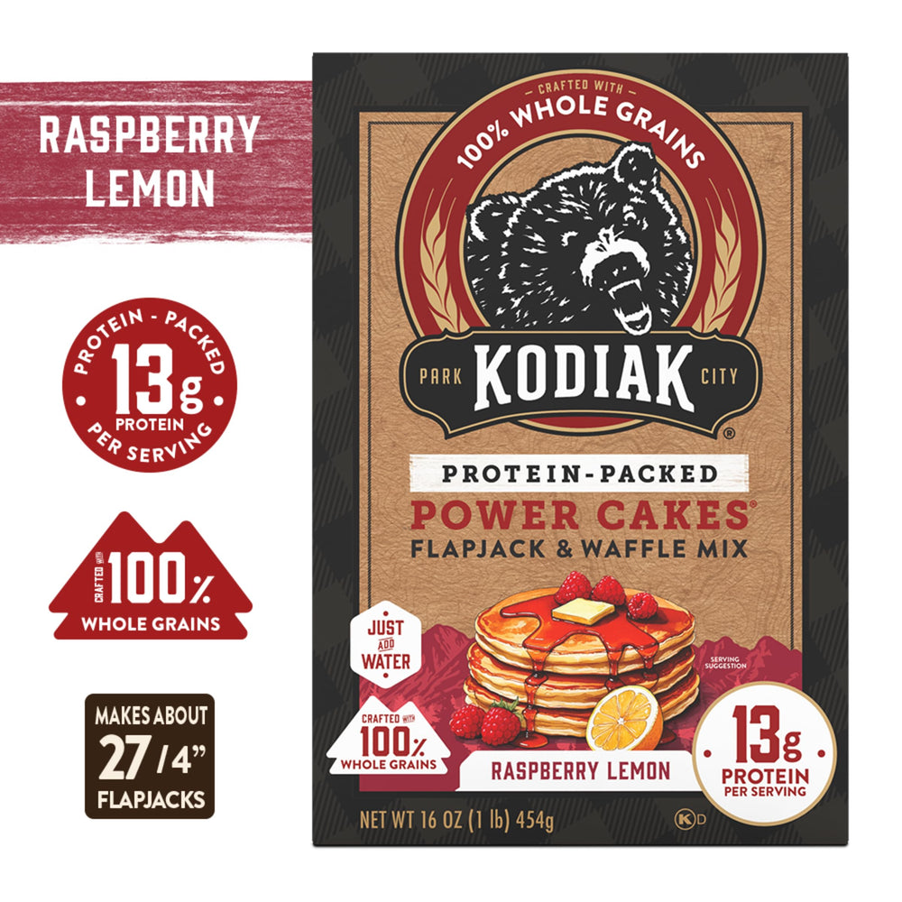 Kodiak Cakes Raspberry Lemon Power Cakes six-box pack, pantry-ready breakfast kit.