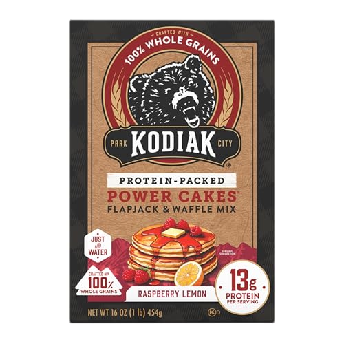 Kodiak Cakes Raspberry Lemon Power Cakes mix in measuring cup, convenient dosing.