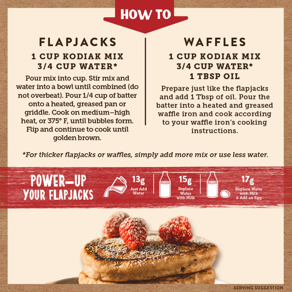 Kodiak Cakes Raspberry Lemon Power Cakes stack, fluffy whole-grain pancakes.