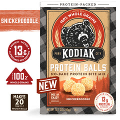 Kodiak Cakes rolled protein balls prep bowl showcasing easy no-bake steps.