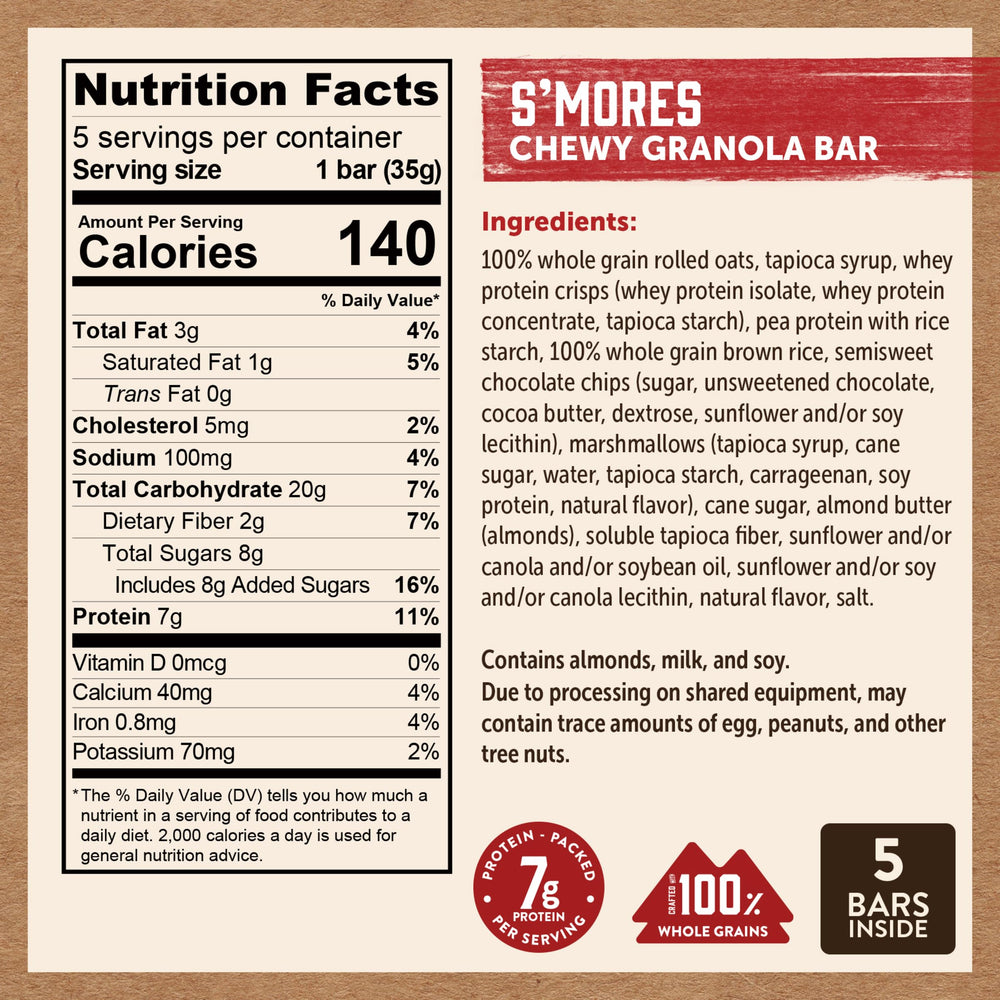 Kodiak Cakes S'mores Bar close-up highlighting chewy texture and whole grains for a balanced snack.