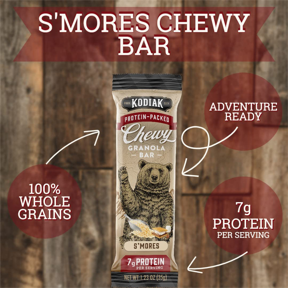 Kodiak Cakes S'mores Chewy Bars individual pouches for convenient portion control.