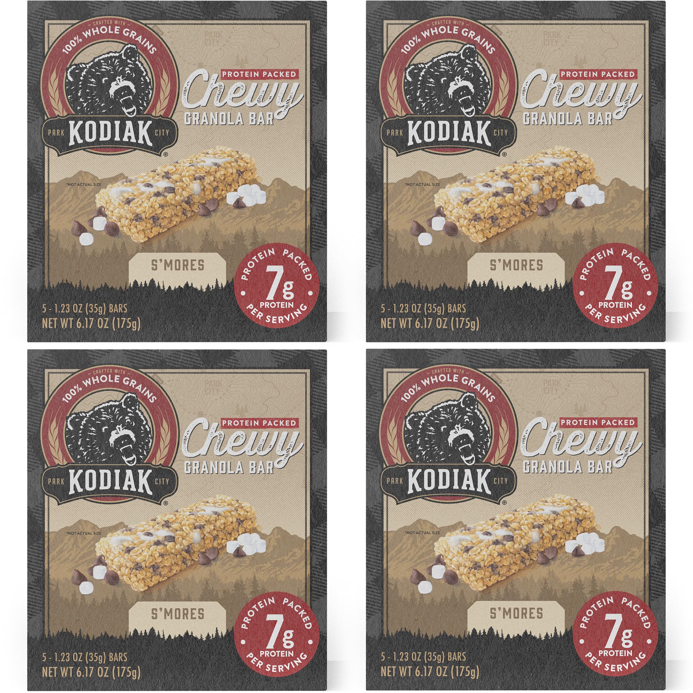 Kodiak Cakes S'mores Chewy Bars pack of four boxes for on-the-go snacking during hikes or commutes.