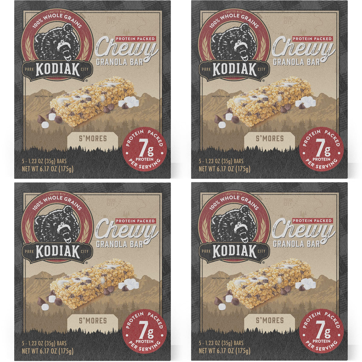 Kodiak Cakes S'mores Chewy Bars pack of four boxes for on-the-go snacking during hikes or commutes.