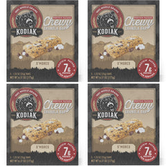 Kodiak Cakes S'mores Chewy Bars pack of four boxes for on-the-go snacking during hikes or commutes.