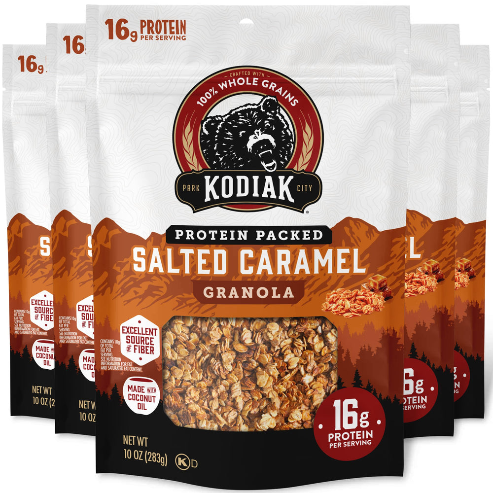 Kodiak Cakes Salted Caramel Granola five-pack pouches for on-the-go fueling.