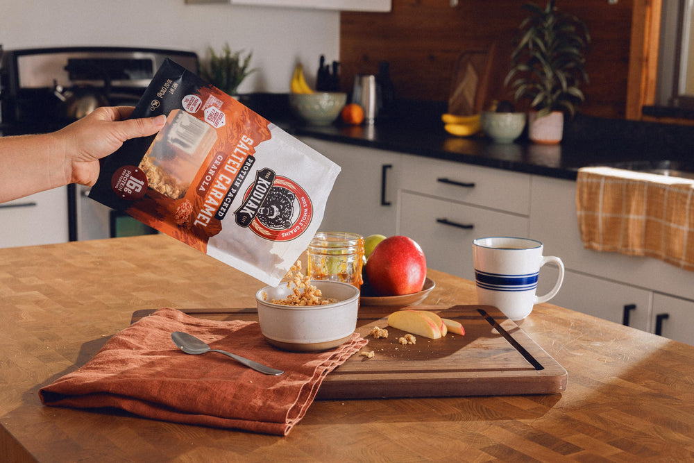 Kodiak Cakes Salted Caramel Granola provides protein and fiber per serving.