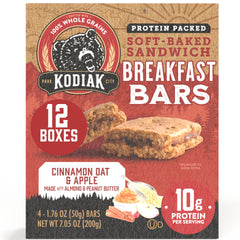 Kodiak Cakes Cinnamon Oat & Apple bar box front shows wholesome ingredients for on-the-go mornings