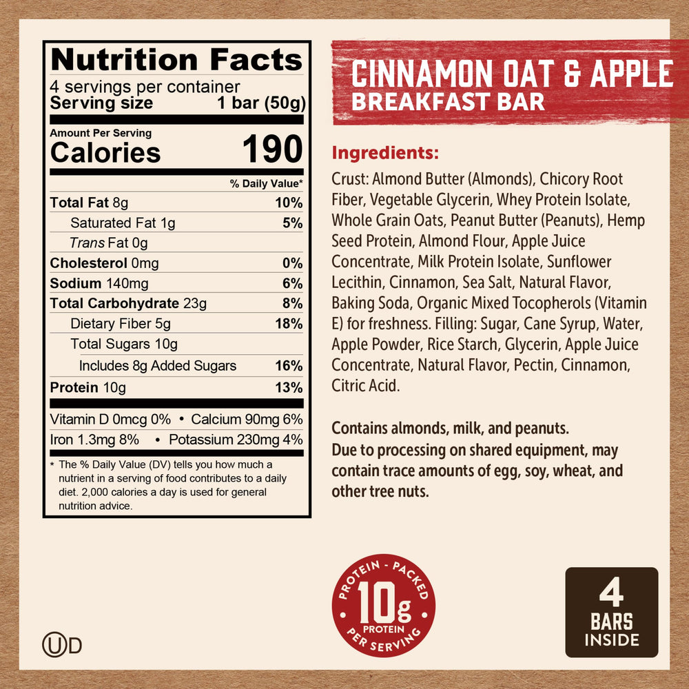 Kodiak Cakes Cinnamon Oat & Apple bar ingredients highlight whole grains and nutrients