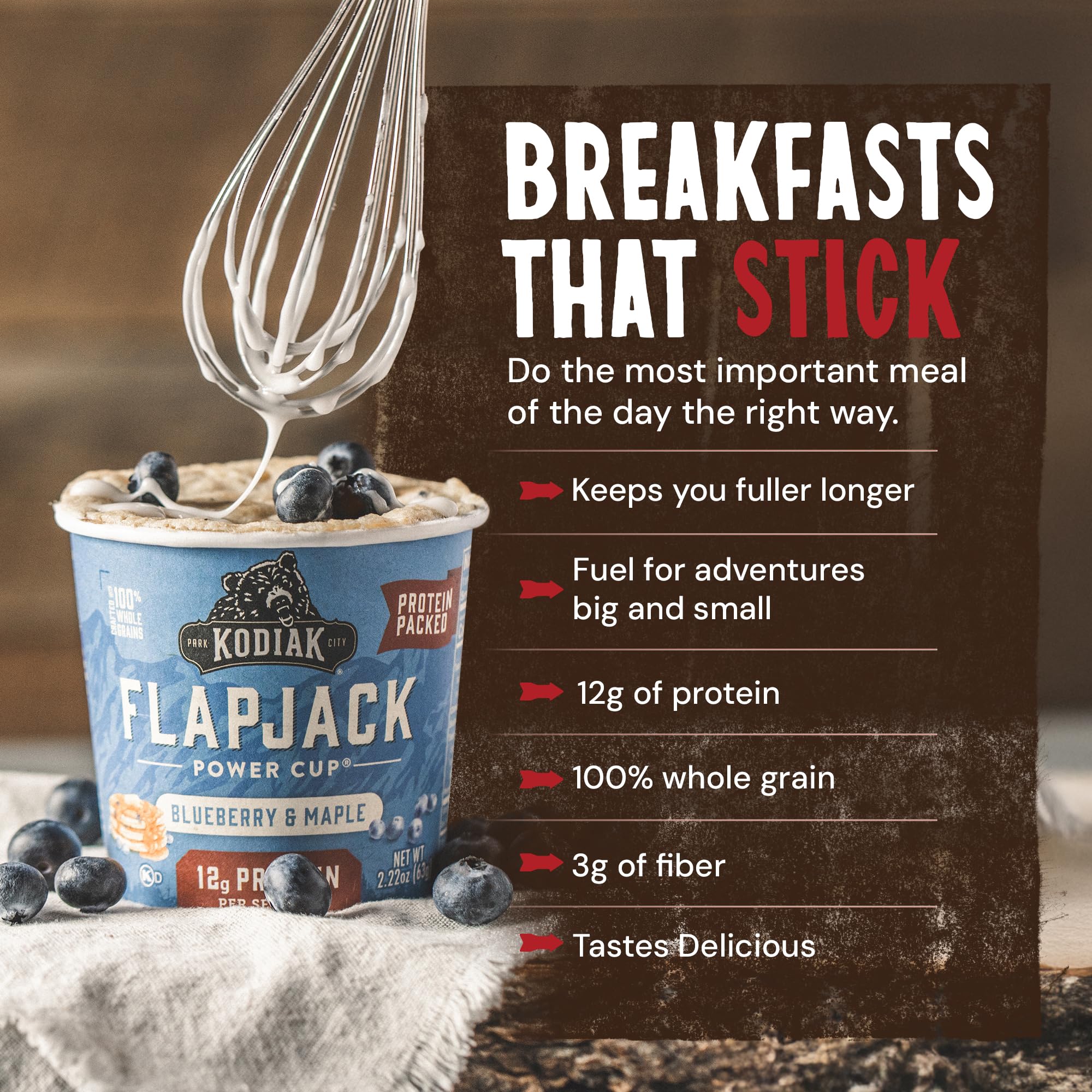 100% whole grains in Kodiak Cakes mix for wholesome texture and flavor